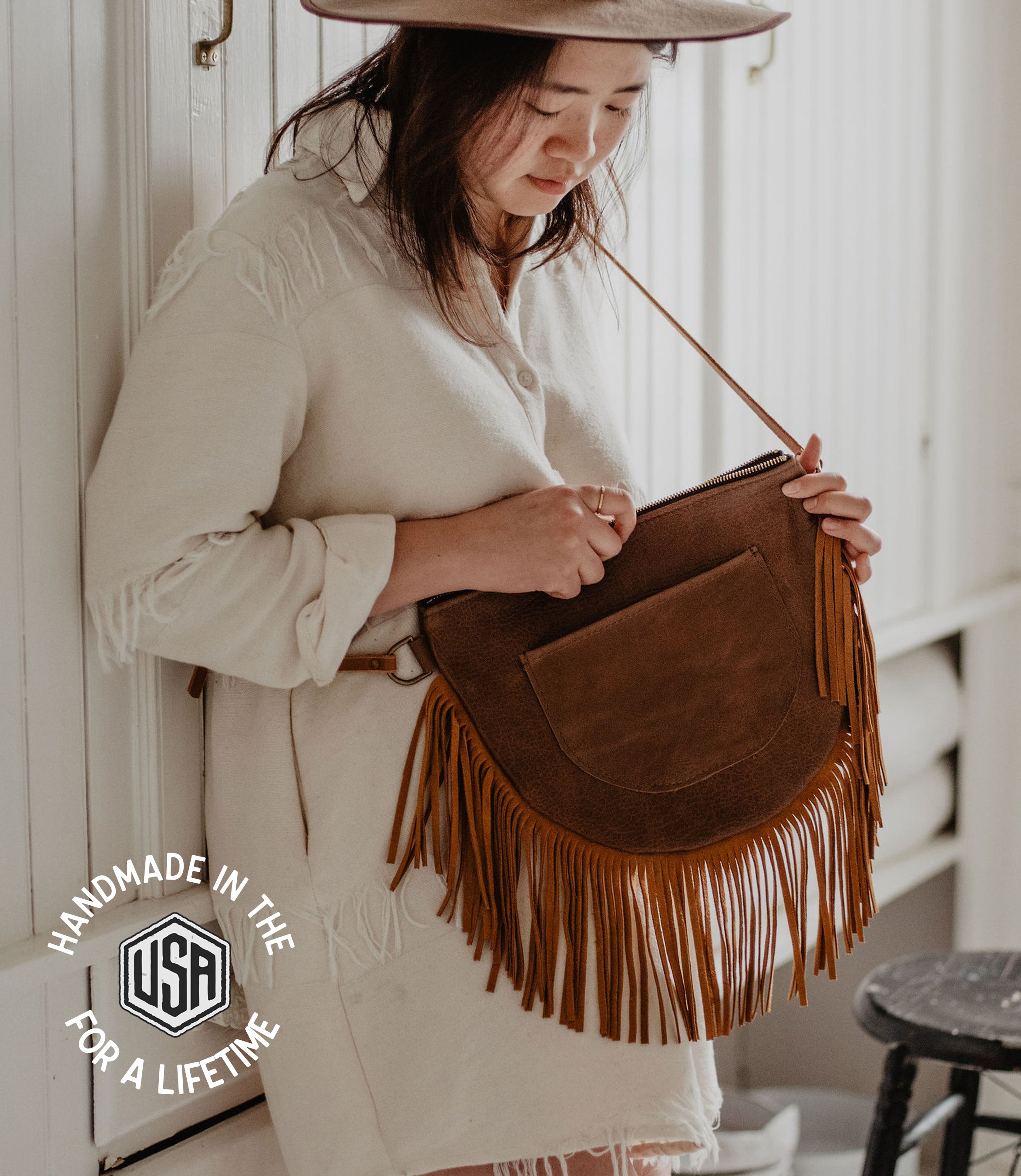 Handcrafted Leather Crossbody Fringe Bag USA Made Black