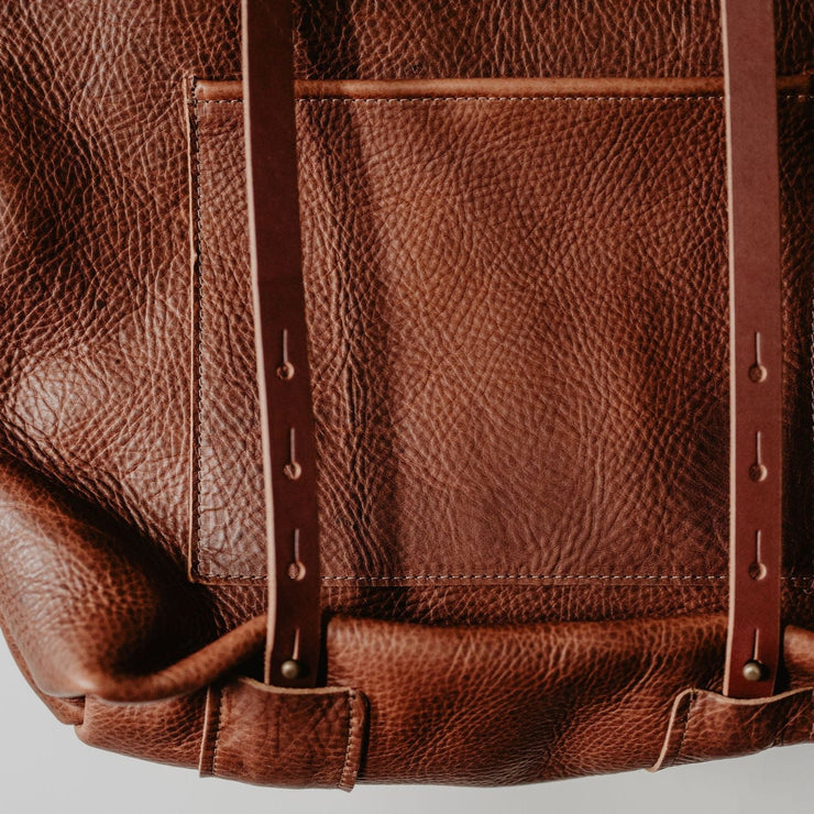 Crossroads Leather Backpack Tote Bag detail close up of strap and leather work, genuine cow leather, genuine leather, leather craft, leather bag, leather tote bag, leather backpack, American made.