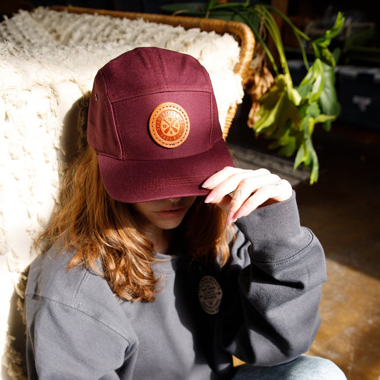 Burgundy 5 panel hat with leather patch 