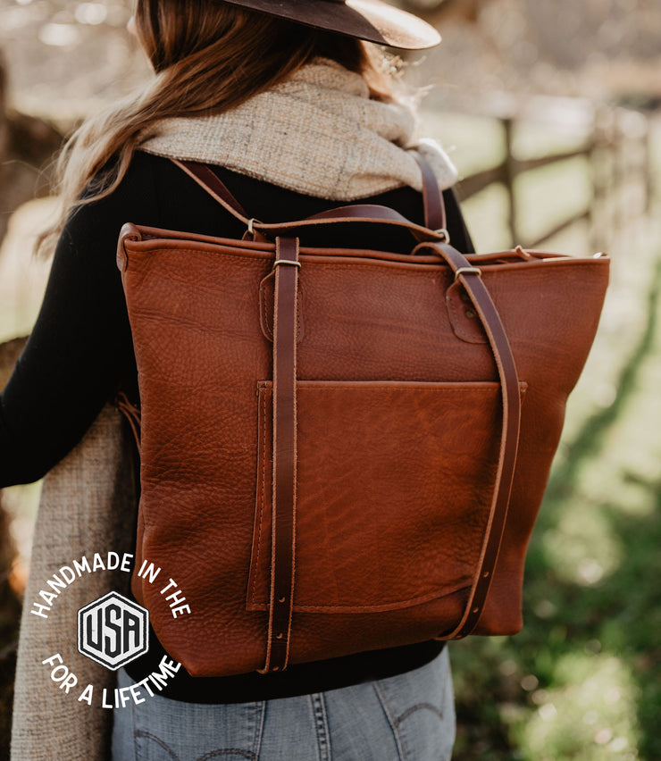 Leather Backpack Tote - Handmade, Top Grain Leather USA Two-tone Leather Backpack Tote - Handmade, Top Grain Leather USA Two-tone