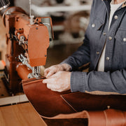 Makers The Local Branch in their workshop, artisan leather workers, leather craft, made in the USA, genuine leather, leather bag, leather tote