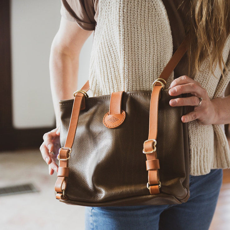 Close up details of bucket backpack tote