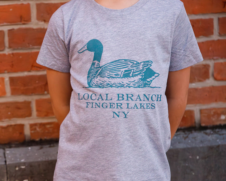 The Finger Lakes Duck Kids T-shirt, blue ink on gray tee
