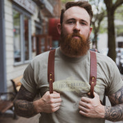 Leather backpack worn by model