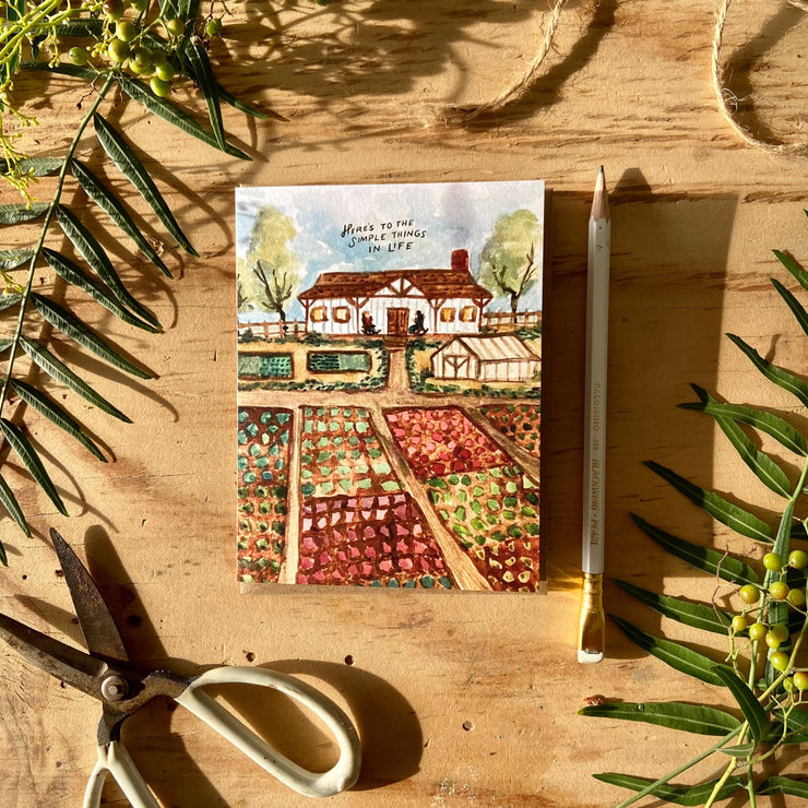 here’s  to the simple things in life greeting card watercolor farm house and gardens