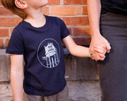 Home of the Lakers Water Tower kids tee in navy blue holding hands 