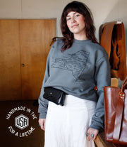slate grey crewneck with  a New York State map screen printed on it made in the us 