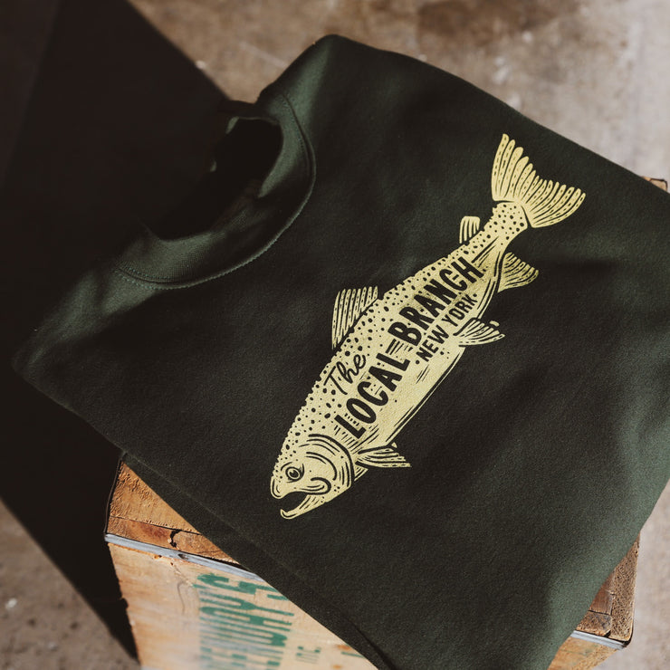 forest green crewneck sweatshirt with cream colored trout the local branch New York