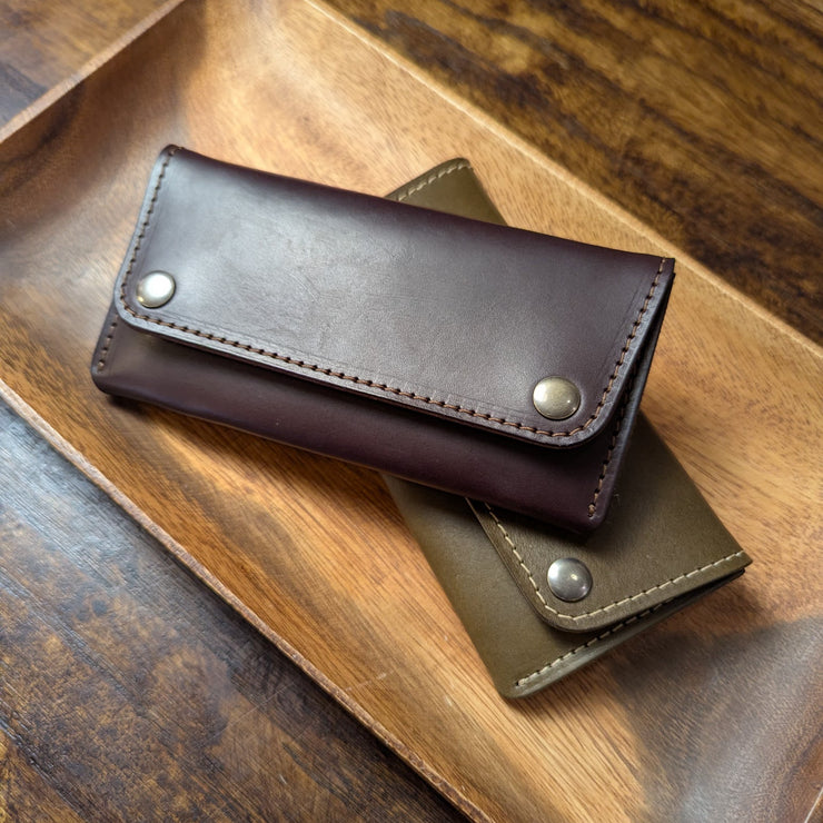 chocolate and olive handmade USA leather pocketbook wallet 