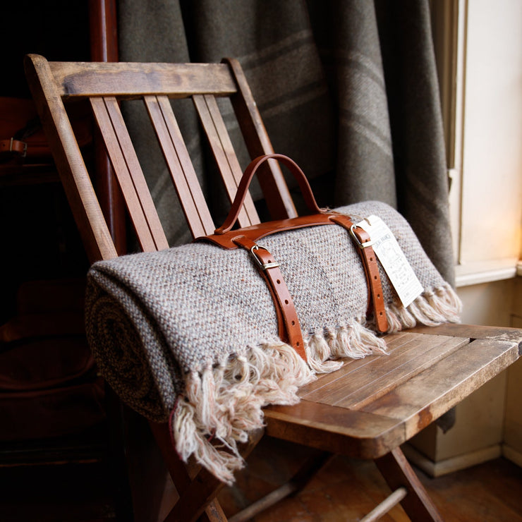 Wool tan cream and brown blanket with limited edition caramel leather buckle carrier