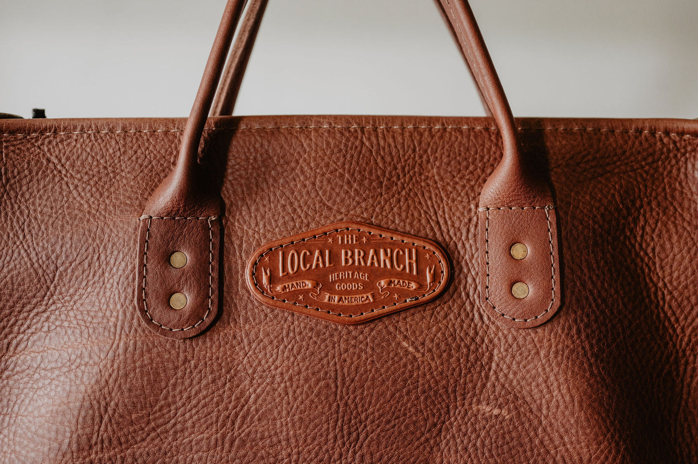 Close up detail of a handmade leather bag by The Local Branch