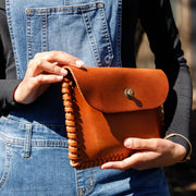 caramel hand laced sides locking snap closure gaucho clutch USA made by the local branch