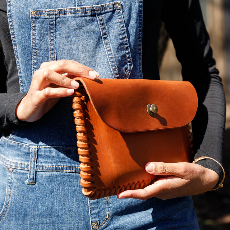 caramel hand laced sides locking snap closure gaucho clutch USA made by the local branch