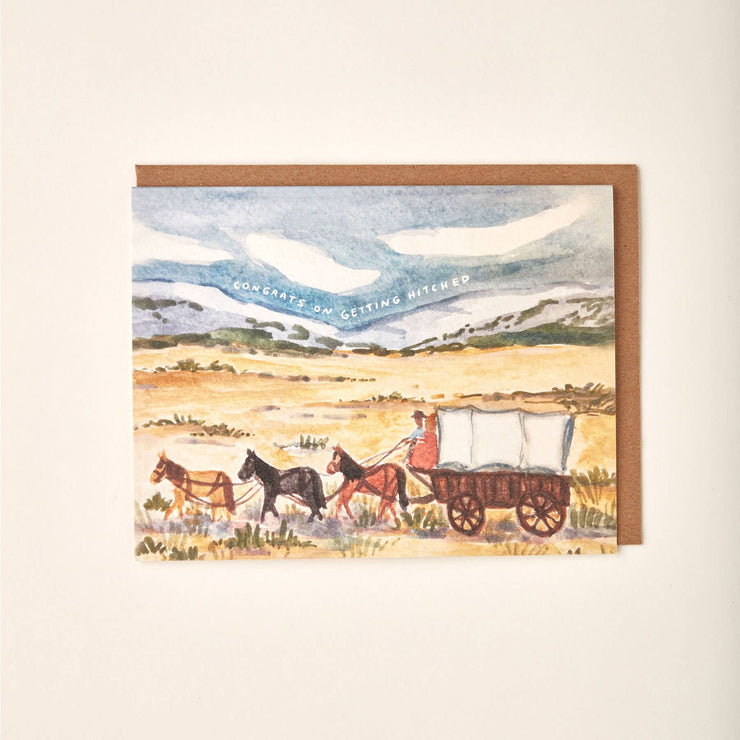 Congrats on getting hitched greeting card with horses and covered wagon
