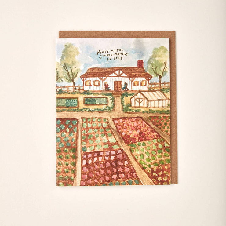 Here’s to the simple things in life greeting card watercolor farm house and gardens