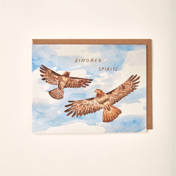 Kindred spirits greeting card two watercolor red tailed hawks flying