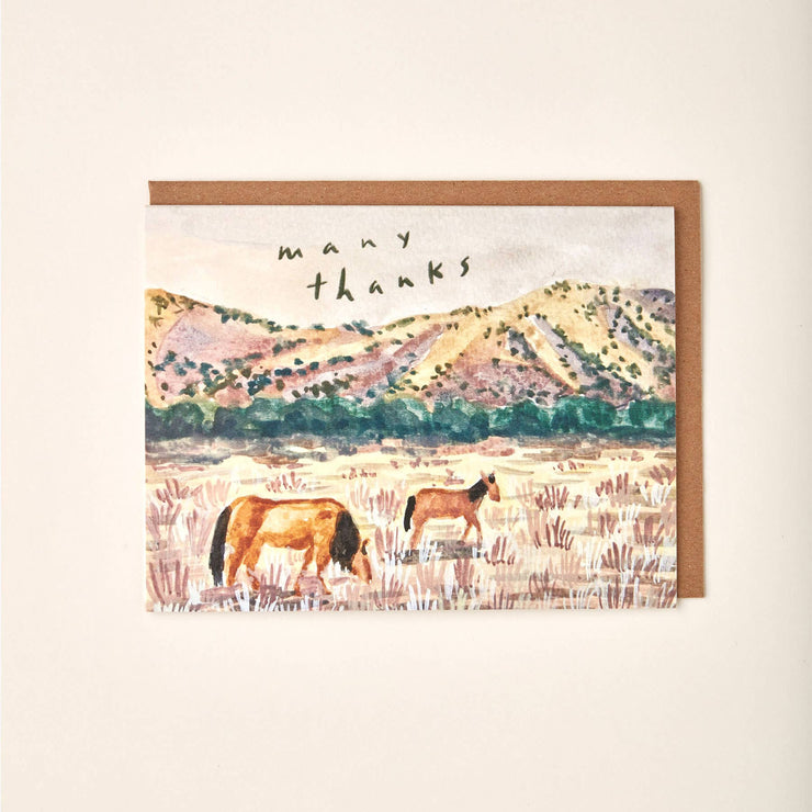 many thanks greeting card watercolor two horses in a field with mountains in the distance