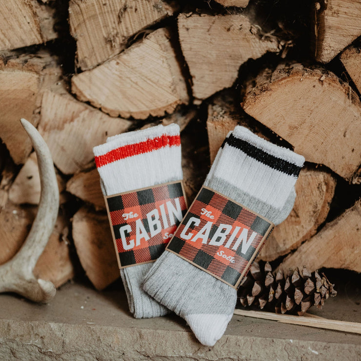 cozy cabin socks with red stripe and black stripe