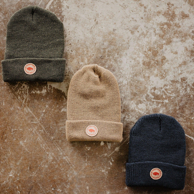 all three colored beanies with small round patch bison and the local branch usa made